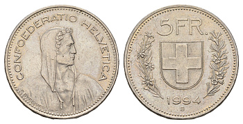 Швейцария 5 франков 1994 B, Вильгельм Телль KM 40a медно-никель 4557-1222