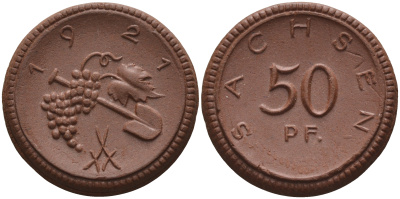 Саксония 50 пфеннигов 1921 виноград и лопата J. N 54 фарфор 1094-5-83