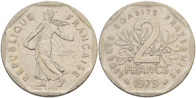 ФРАНЦИЯ 2 ФРАНКА 1979 СЕЯТЕЛЬ KM 942.1, LE FRANC 272.3 никель 4545-921