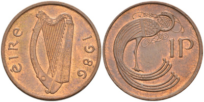 Ирландия 1 пенни 1986 мифологическая птица лира KM 20 бронза 4582-141