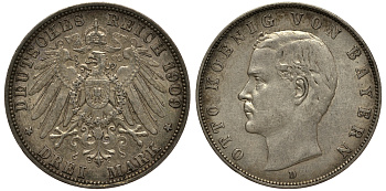 Бавария 3 марки 1909 Отто (1886-1913) Weege 45, J. 47, KM 515 серебро 3711-1915