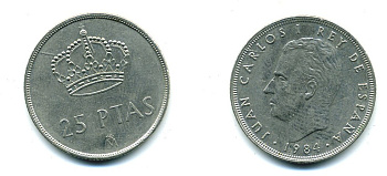 ИСПАНИЯ 25 ПЕСЕТ 1984 ХУАН КАРЛОС I KM 824 медно-никель 41-242