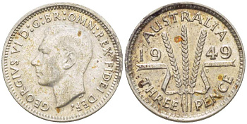 Австралия 3 пенса 1949 m, Георг VI (1937-1952), без букв KM 44 серебро 4516-143
