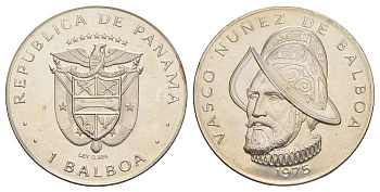 Панама 1 бальоа 1975 EROR (БРАК) - ошибочное указание на аверсе серебра как металла монеты KM 39.2 медь плакированная медно-никелем 603-121