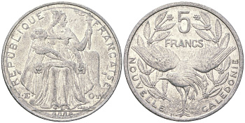 Французская Новая Каледония 5 франков 2008 птица кагу, (IEOM) KM 16, Schoen 12, Lec 81k алюминий 221-542