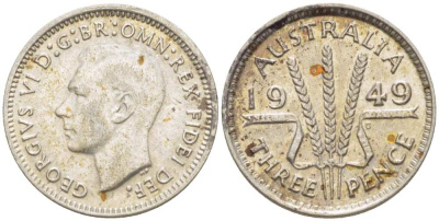 Австралия 3 пенса 1949 m, Георг VI (1937-1952), без букв KM 44 серебро 4516-143