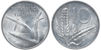 Италия 10 лир 1951 R, плуг KM 93 алюминий 4163-353