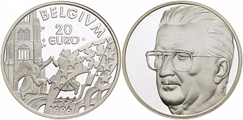 Бельгия 20 евро 1996 эпоха, предшествовавшая евро, Альберт II (1993-2013) серебро PROOF 04-315-41
