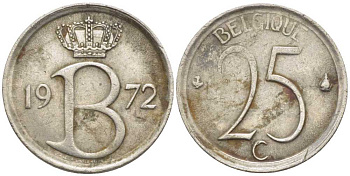 БЕЛЬГИЯ 25 САНТИМОВ 1972 BELGIQUE, БОДУЭН I (1951-1993) KM 153.1 медно-никель 116-957