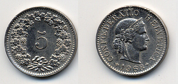 ШВЕЙЦАРИЯ 5 РАППЕНОВ 1968 KM 26 медно-никель 54-646