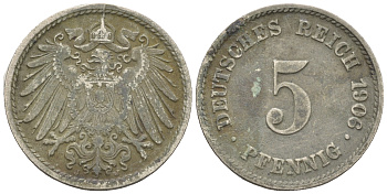 Германия 5 пфеннигов 1906 J KM 11, Jager 12, Weege 6 медно-никель 4147-331