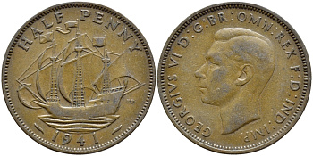 Великобритания 1/2 пенни 1941 Георг VI (1936-1952) KM 844, Spink 4115 бронза 4395-1147