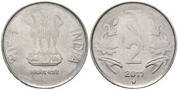 Индия 2 рупии 2011 монетный двор знак звездочка - Хайдарабад	 KM 395 нержавеющая сталь 4582-823