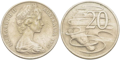 Австралия 20 центов 1973 Елизавета II (1952-2022), утконос KM 66 медно-никель 4521-124