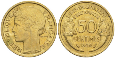 ФРАНЦИЯ 50 САНТИМОВ 1939 ТИП MORLON KM 894.1, LE FRANC 192.15 алюминиевая бронза 44-849