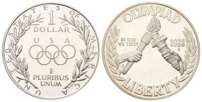 США 1 доллар 1988 S, XXIV летние Олимпийские Игры, Сеул 1988 KM 222 серебро PROOF 1-5-3-09