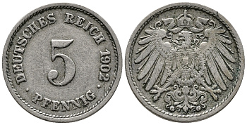ГЕРМАНИЯ 5 ПФЕННИГОВ 1902 G KM 11, J. 12 медно-никель 39-757