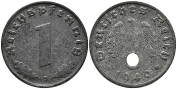 ГЕРМАНИЯ 1 РЕЙХСПФЕННИГ 1940 D KM 97, J.369 цинк 96-655