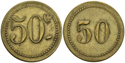 Франция 50 сантимов XIX-XX век ресторанный жетон латунь 4166-1311