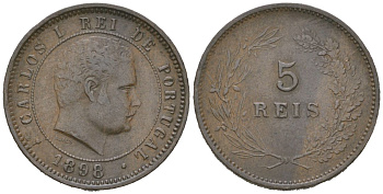 Португалия 5 реалов 1898 Карлуш I (1889-1908), редкий год KM 530 бронза 4611-248