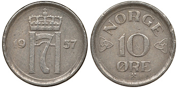 НОРВЕГИЯ 10 ЭРЕ 1957 KM 396 медно-никель 62-934