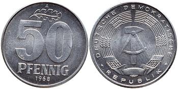 ГДР 50 ПФЕННИГОВ 1968 А KM 12.2 алюминий UNC 76-957