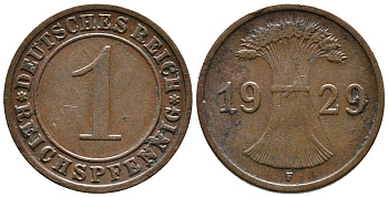 ГЕРМАНИЯ 1 РЕЙХСПФЕННИГ 1929 F KM 37, J. 313 бронза 39-1124