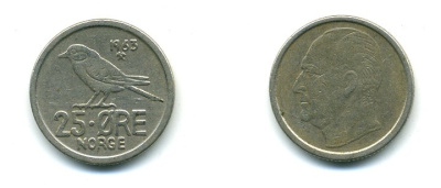 Норвегия 25 эре 1963 Улаф V (1958-1991), синица KM 407 медно-никель 4364-945