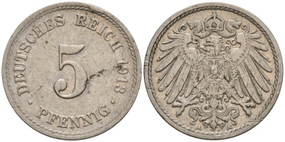 Германия 5 пфеннигов 1913 A KM 11, J. 12 медно-никель 4151-537