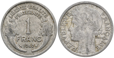 Франция 1 франк 1947 KM 885a.1 алюминий 4142-946