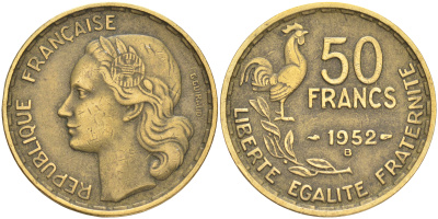 ФРАНЦИЯ 50 ФРАНКОВ 1952 В KM 918.2 алюминиевая бронза 189-322