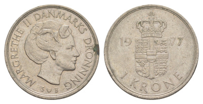 Дания 1 крона 1977 S; B, Маргарете II (1972-2025) KM 862.1 медно-никель 4529-927