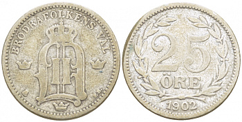 Швеция 25 эре 1902 EB, первый год, Оскар II (1872-1907) король Швеции и Норвегии KM 739 серебро 3309-848