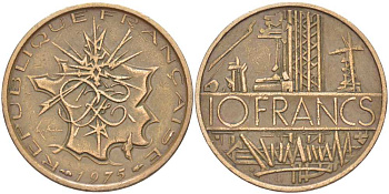 Франция 10 франков 1975 тип Матье KM 940, Le Franc 365.5-6 никель латунь 97-923