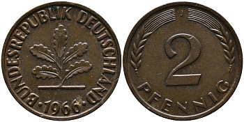 ФРГ 2 пфеннига 1966 J KM 106, J.381 бронза 33-227