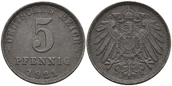 Германия 5 пфеннигов 1921 A KM 19, J. 297 железо 4151-635