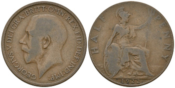 Великобритания 1/2 пенни 1922 Георг V (1910-1936) KM 809, Spink 4056 бронза 4163-942