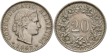 Швейцария 20 раппенов 1962 B KM 29a медно-никель 4187-552