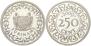 Суринам 250 центов 2009 KM 24 медно-никель PROOF 1523-1131