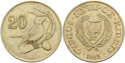 Кипр 20 центов 1985 KM 57.2 никель латунь 4140-731