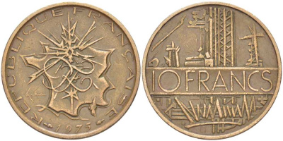 Франция 10 франков 1975 тип Матье KM 940, Le Franc 365.5-6 никель латунь 97-923