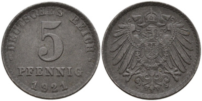Германия 5 пфеннигов 1921 A KM 19, J. 297 железо 4151-635