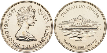 Тристан-да-Кунья 25 пенсов 1977 25 лет правления, Серебрянный Юбилей Елизаветы II, королевская яхта KM 1 медно-никель UNC 00-00
