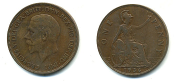 Великобритания 1 пенни 1936 Георг V (1910-1936) KM 838, Spink 4055 бронза 4110-311
