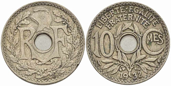 ФРАНЦИЯ 10 САНТИМОВ 1932 ТИП ЛИНДАЙЁ KM 866а, LE FRANC 138.19 медно-никель 108-215