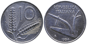 ИТАЛИЯ 10 ЛИР 1954 R, ПЛУГ KM 93 алюминий 4385-1045