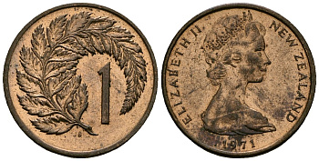 Новая Зеландия 1 цент 1971 Елизавета II (1952-2022), лист папоротника KM 31.1 бронза 4173-943