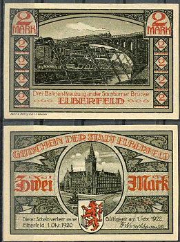 Германия, Эльберфельд 2 марки 1922 нотгельд, городские виды, серая Mehl 324.1 бумага UNC (пресс) 00-00