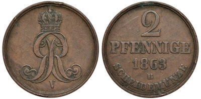 Брауншвейг-Каленберг-Ганновер 2 пфеннига 1863 B, Георг V (1851-1866) KM 234,aKS 153, J. 91 медь 4142-255