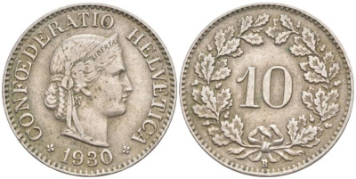 ШВЕЙЦАРИЯ 10 РАППЕНОВ 1930 В KM 27 медно-никель 3309-464